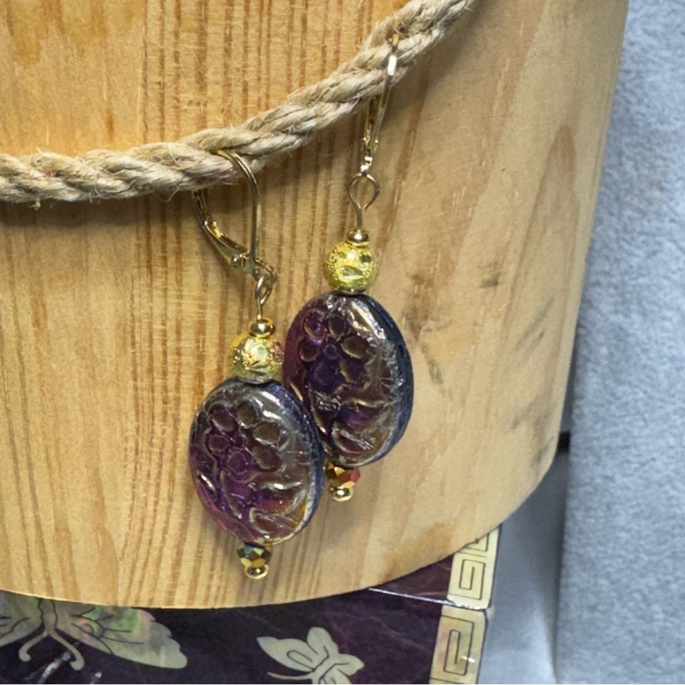 Artisan Gold and Purple Czech Glass Dangle Earrings - Picture 3 of 5